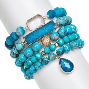 Blue Howlite Agate Beaded Gemstone Bracelet Set